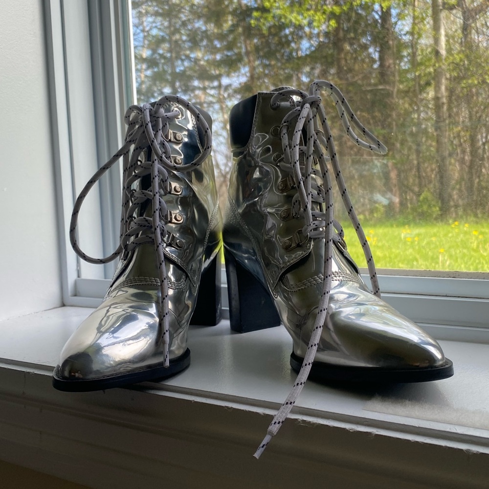Silver High Heel Lace Up Booties 👢